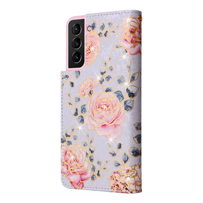 Samsung Galaxy S21 Plus Luxury Bronzing Leather Case - Floral RFID Wallet Cover with Stand & Card Slots
