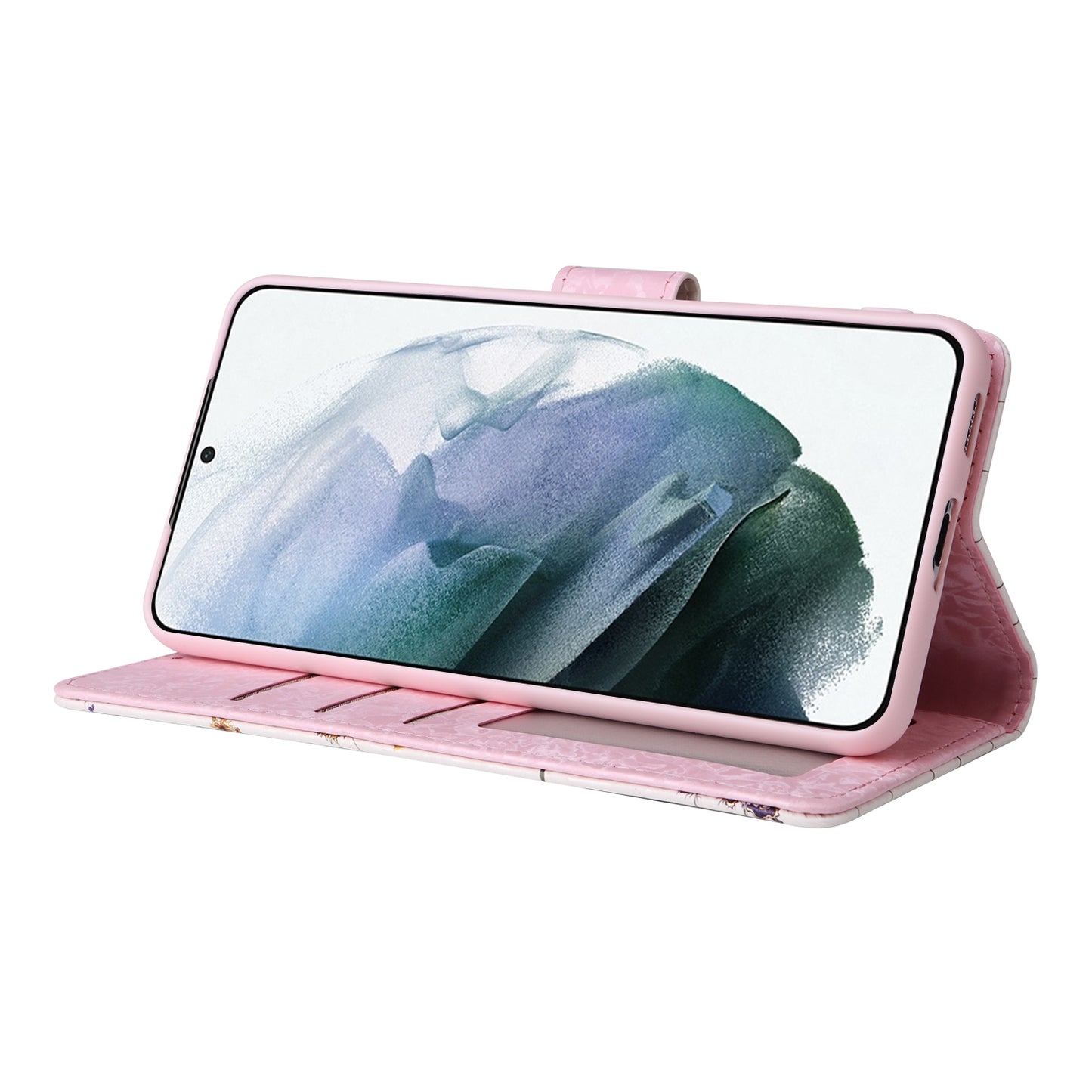 Samsung Galaxy S21 Plus Luxury Bronzing Leather Case - Floral RFID Wallet Cover with Stand & Card Slots