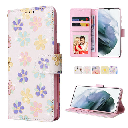 Samsung Galaxy S21 Plus Luxury Bronzing Leather Case - Floral RFID Wallet Cover with Stand & Card Slots