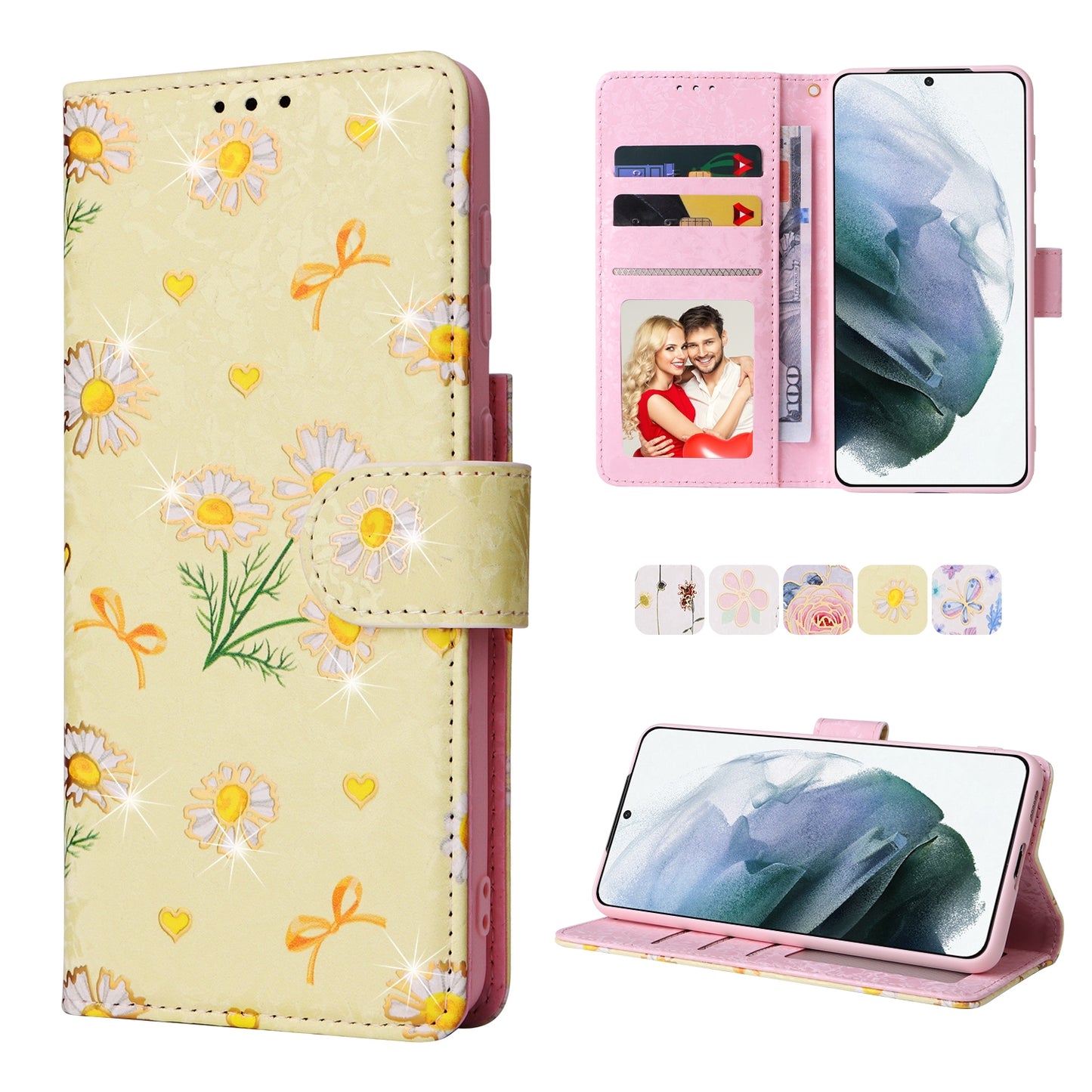 Samsung Galaxy S21 Plus Luxury Bronzing Leather Case - Floral RFID Wallet Cover with Stand & Card Slots