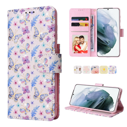 Samsung Galaxy S21 Plus Luxury Bronzing Leather Case - Floral RFID Wallet Cover with Stand & Card Slots