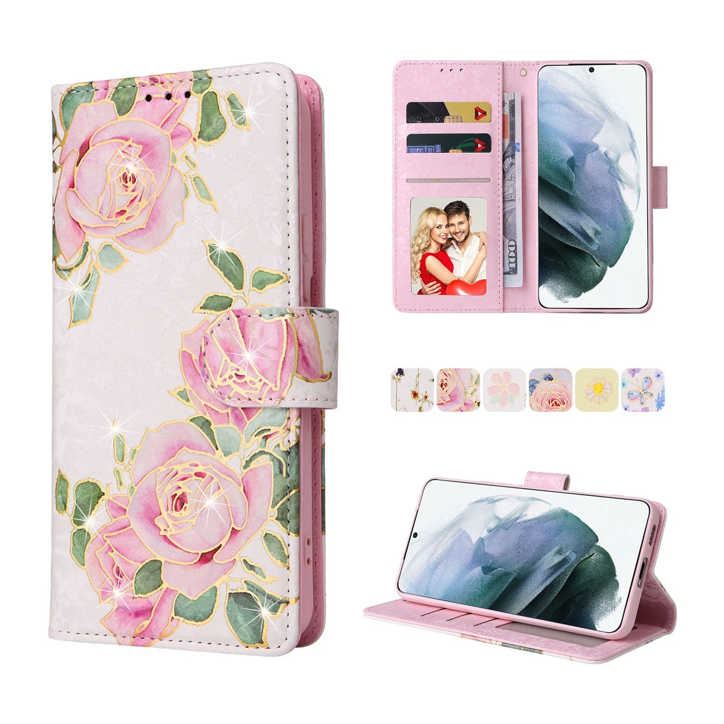 Samsung Galaxy S21 Plus Luxury Bronzing Leather Case - Floral RFID Wallet Cover with Stand & Card Slots