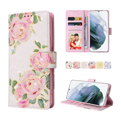 Samsung Galaxy S21 Plus Luxury Bronzing Leather Case - Floral RFID Wallet Cover with Stand & Card Slots