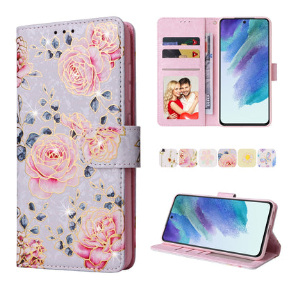 Samsung Galaxy S21 FE 5G Luxury Bronzing Leather Case - Floral RFID Wallet Cover with Stand & Card Slots