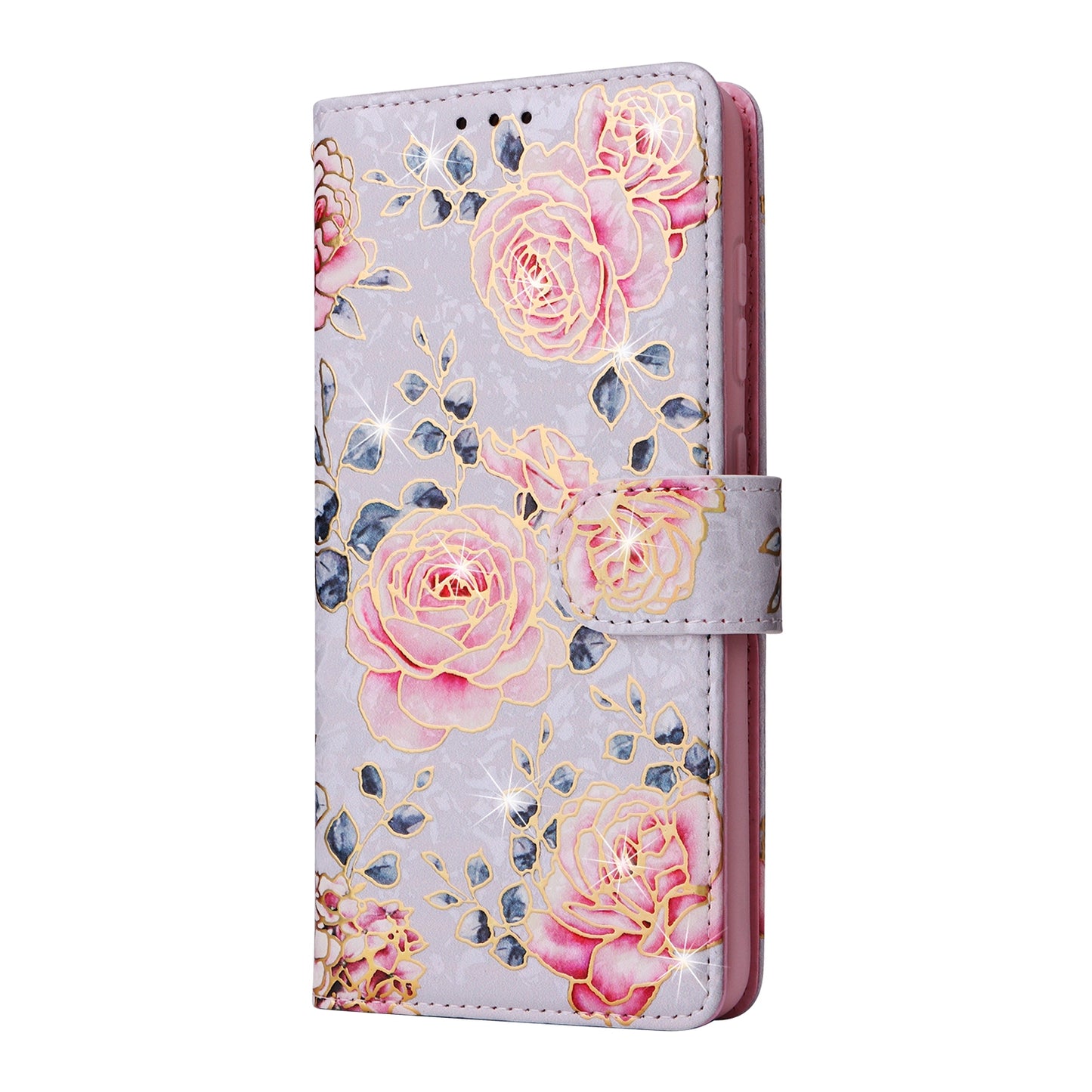 Samsung Galaxy S21 FE 5G Luxury Bronzing Leather Case - Floral RFID Wallet Cover with Stand & Card Slots