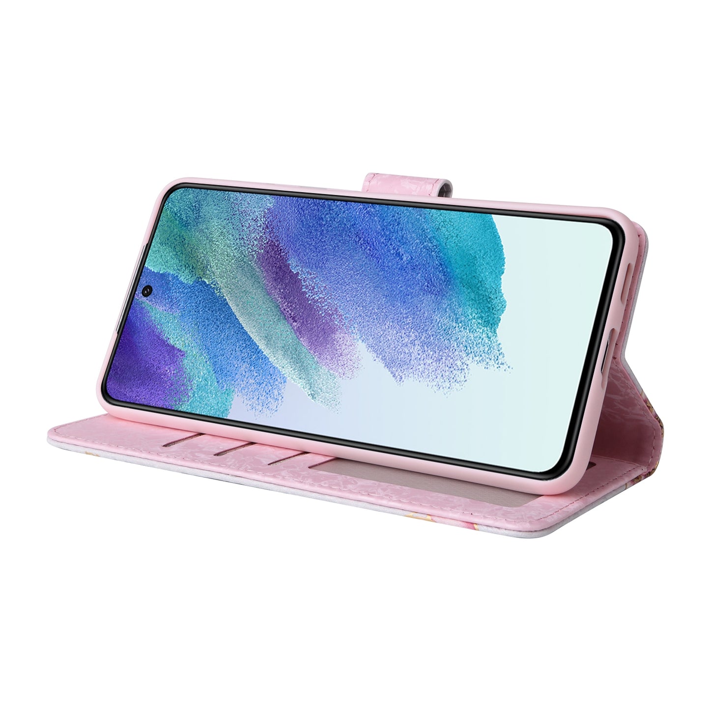 Samsung Galaxy S21 FE 5G Luxury Bronzing Leather Case - Floral RFID Wallet Cover with Stand & Card Slots