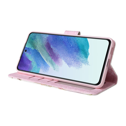Samsung Galaxy S21 FE 5G Luxury Bronzing Leather Case - Floral RFID Wallet Cover with Stand & Card Slots