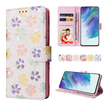 Samsung Galaxy S21 FE 5G Luxury Bronzing Leather Case - Floral RFID Wallet Cover with Stand & Card Slots