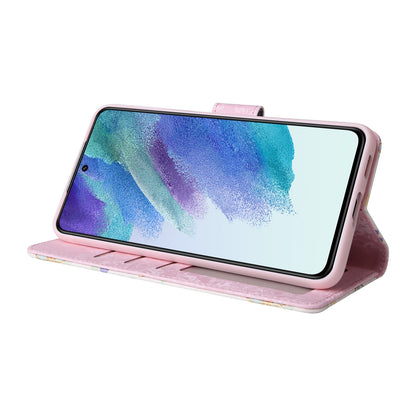 Samsung Galaxy S21 FE 5G Luxury Bronzing Leather Case - Floral RFID Wallet Cover with Stand & Card Slots