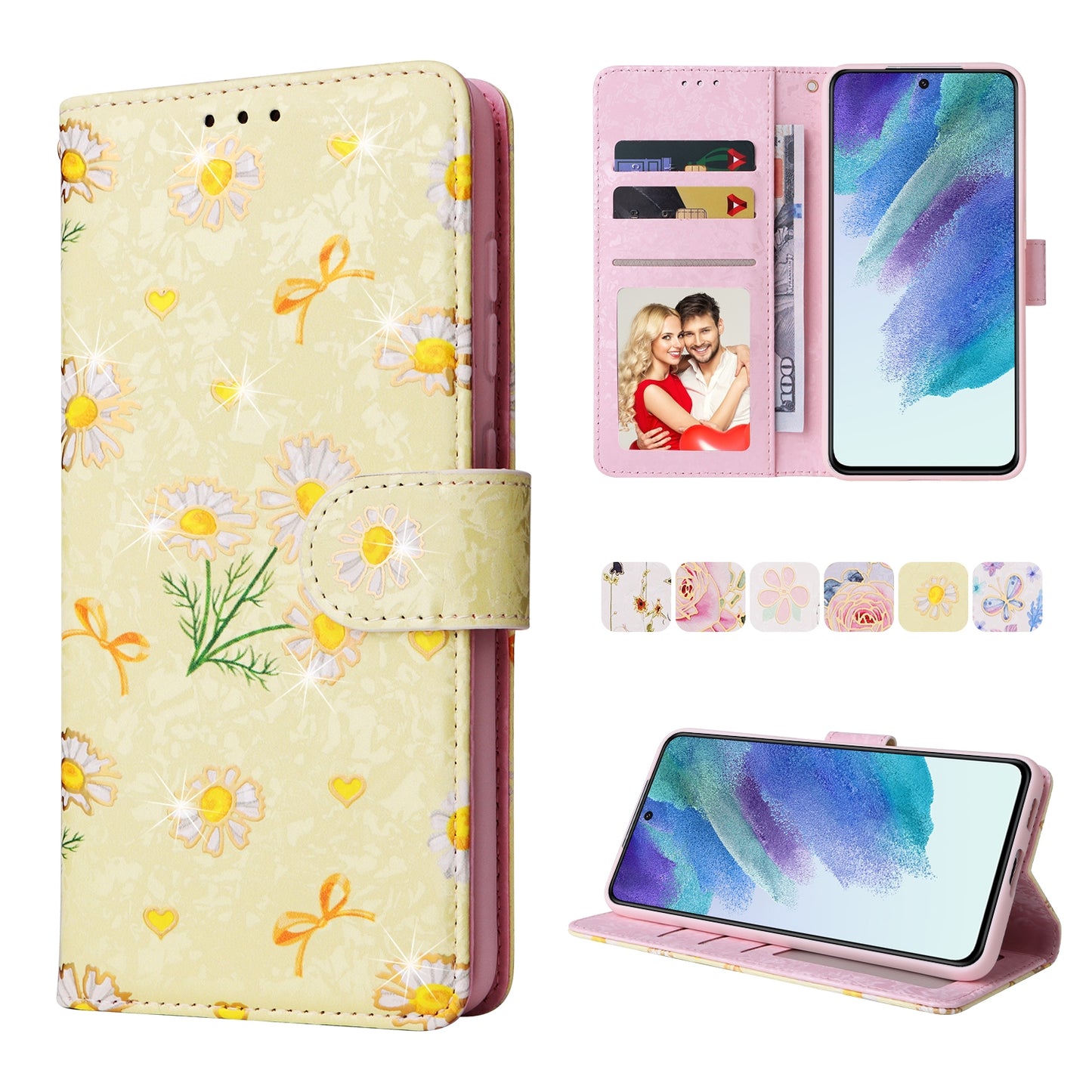 Samsung Galaxy S21 FE 5G Luxury Bronzing Leather Case - Floral RFID Wallet Cover with Stand & Card Slots