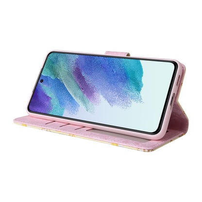 Samsung Galaxy S21 FE 5G Luxury Bronzing Leather Case - Floral RFID Wallet Cover with Stand & Card Slots