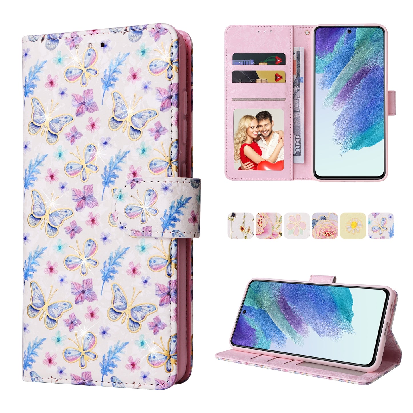 Samsung Galaxy S21 FE 5G Luxury Bronzing Leather Case - Floral RFID Wallet Cover with Stand & Card Slots