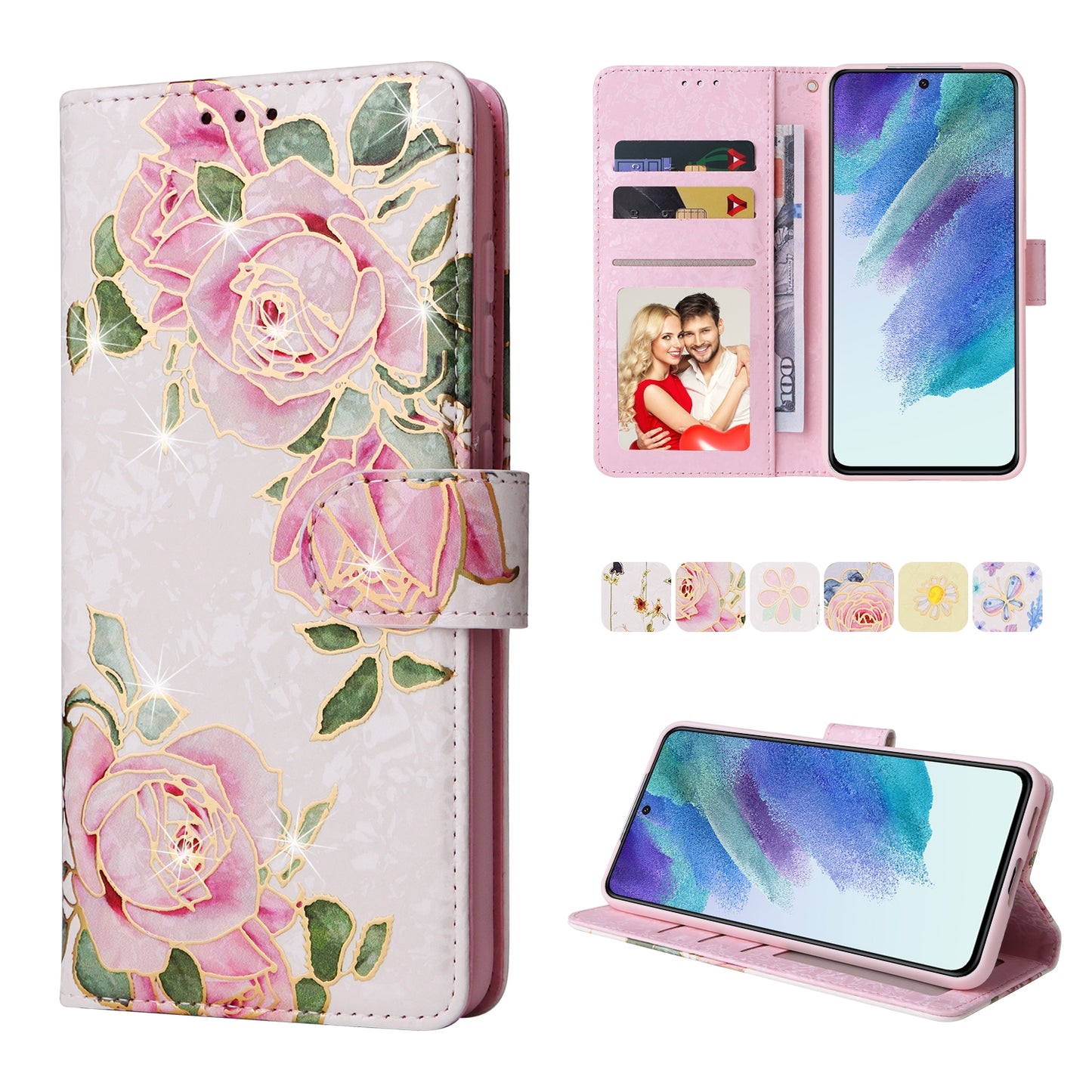 Samsung Galaxy S21 FE 5G Luxury Bronzing Leather Case - Floral RFID Wallet Cover with Stand & Card Slots