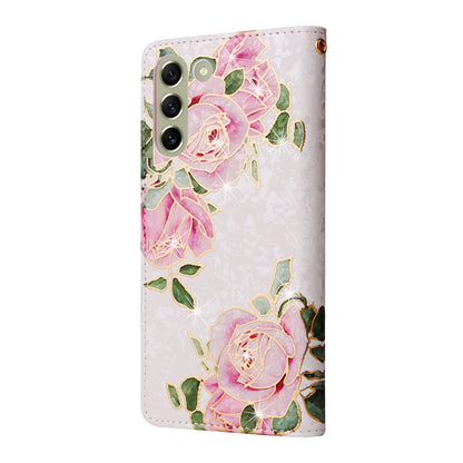 Samsung Galaxy S21 FE 5G Luxury Bronzing Leather Case - Floral RFID Wallet Cover with Stand & Card Slots