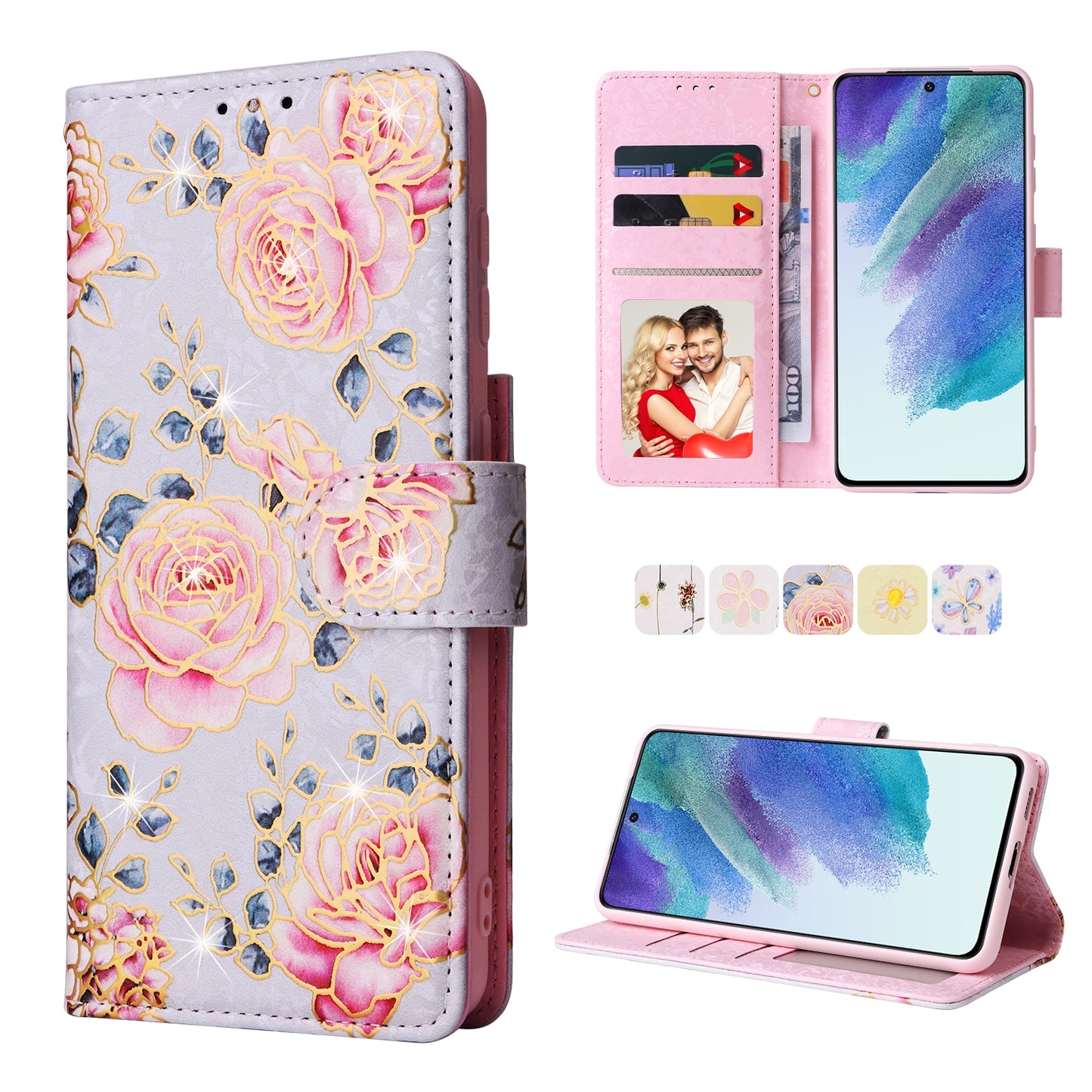 Samsung Galaxy S21 5G Luxury Bronzing Leather Case - Floral RFID Wallet Cover with Stand & Card Slots