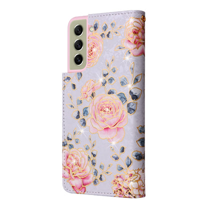 Samsung Galaxy S21 5G Luxury Bronzing Leather Case - Floral RFID Wallet Cover with Stand & Card Slots