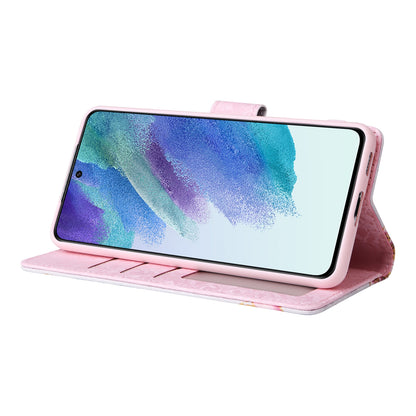 Samsung Galaxy S21 5G Luxury Bronzing Leather Case - Floral RFID Wallet Cover with Stand & Card Slots