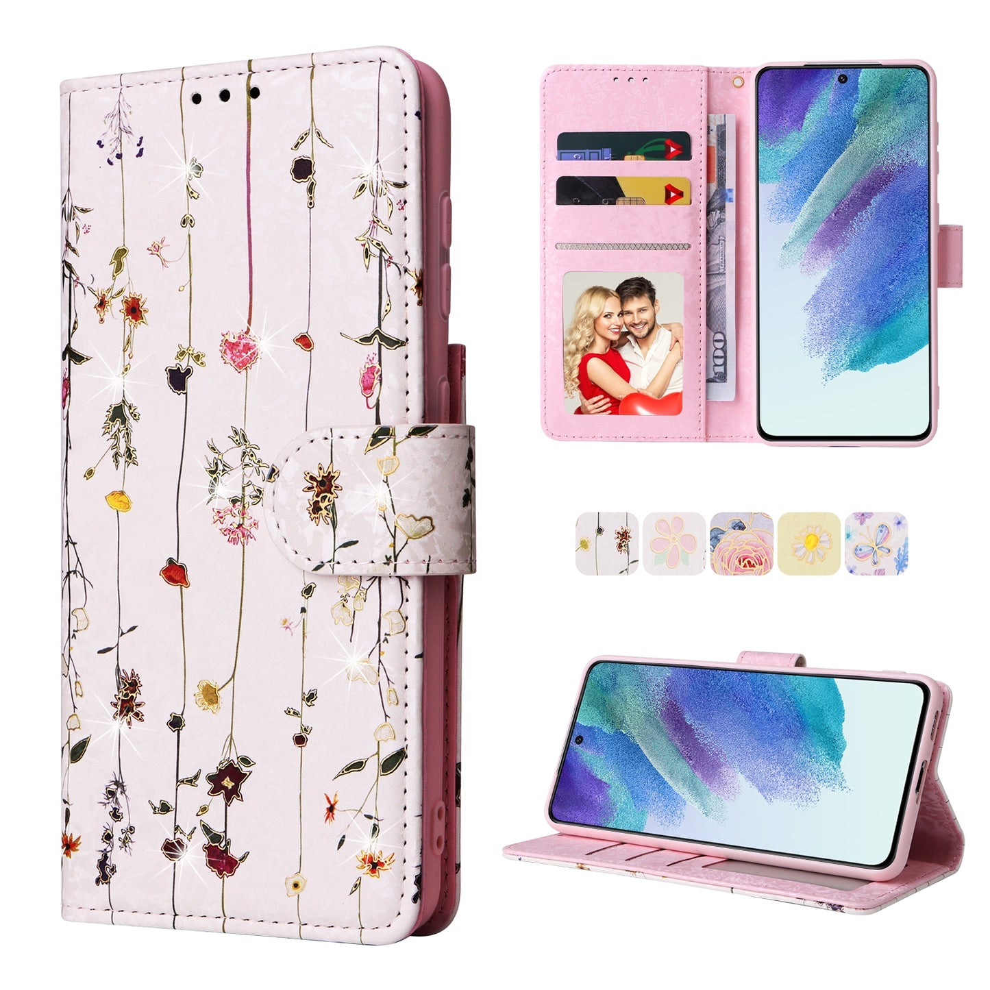 Samsung Galaxy S21 5G Luxury Bronzing Leather Case - Floral RFID Wallet Cover with Stand & Card Slots