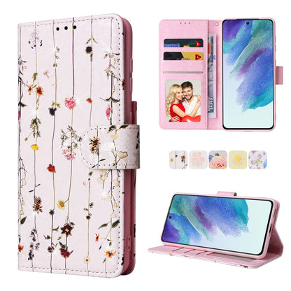 Samsung Galaxy S21 5G Luxury Bronzing Leather Case - Floral RFID Wallet Cover with Stand & Card Slots