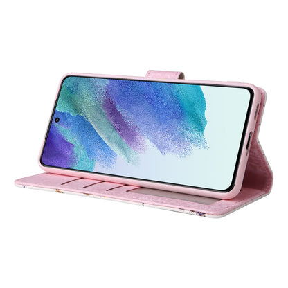 Samsung Galaxy S21 5G Luxury Bronzing Leather Case - Floral RFID Wallet Cover with Stand & Card Slots