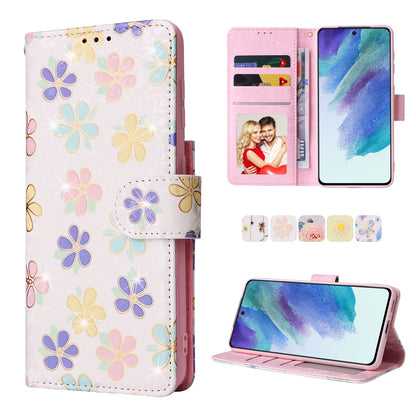 Samsung Galaxy S21 5G Luxury Bronzing Leather Case - Floral RFID Wallet Cover with Stand & Card Slots
