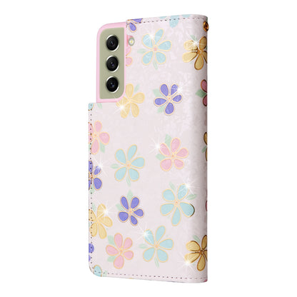 Samsung Galaxy S21 5G Luxury Bronzing Leather Case - Floral RFID Wallet Cover with Stand & Card Slots