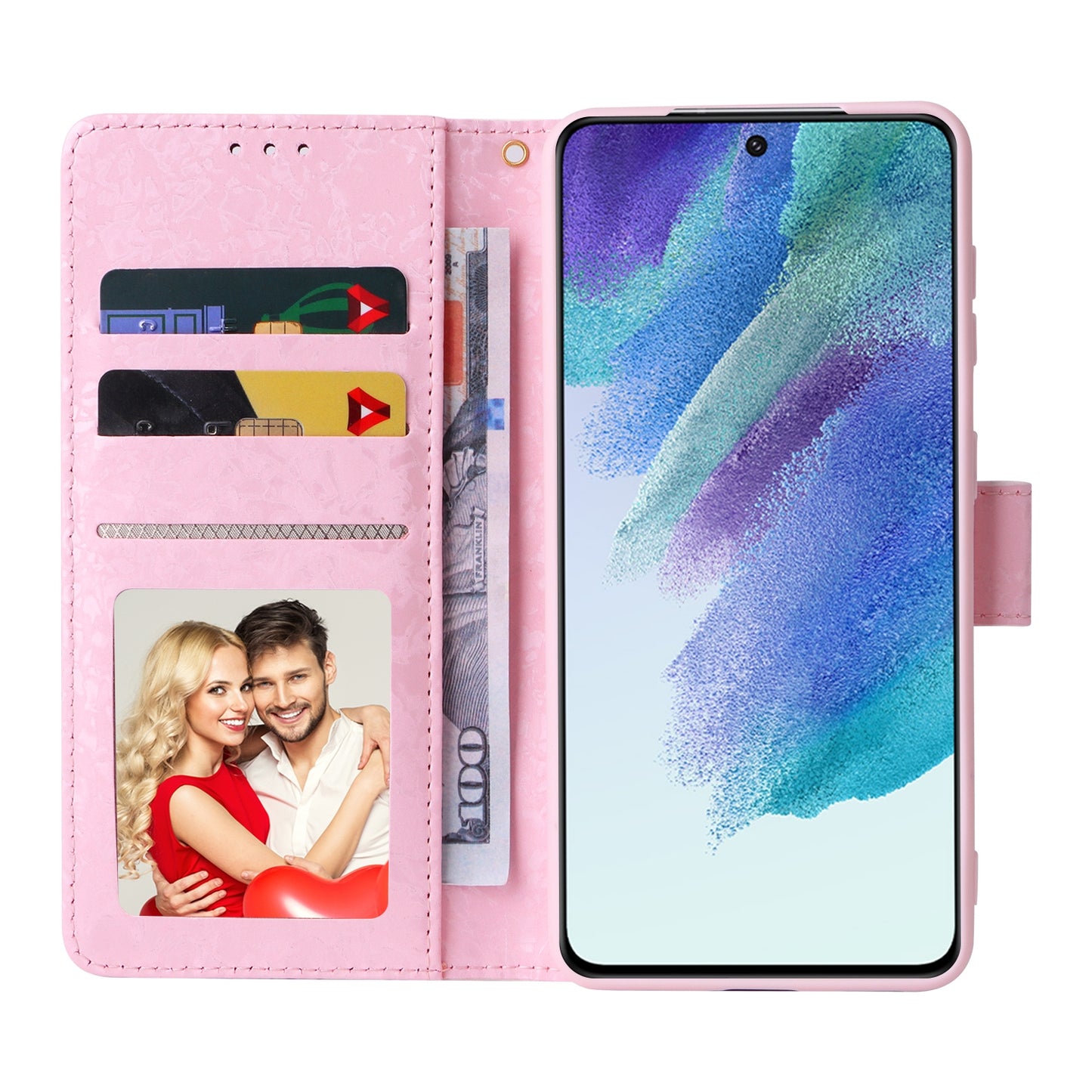 Samsung Galaxy S21 5G Luxury Bronzing Leather Case - Floral RFID Wallet Cover with Stand & Card Slots