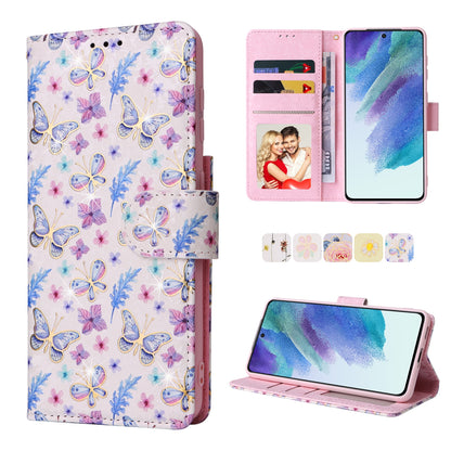 Samsung Galaxy S21 5G Luxury Bronzing Leather Case - Floral RFID Wallet Cover with Stand & Card Slots