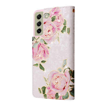 Samsung Galaxy S21 5G Luxury Bronzing Leather Case - Floral RFID Wallet Cover with Stand & Card Slots