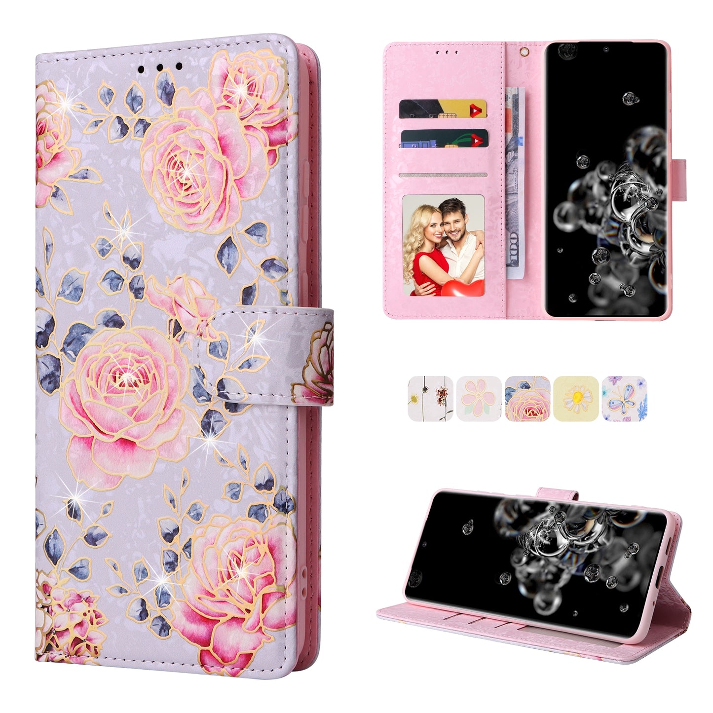 Samsung Galaxy S20 Ultra Luxury Bronzing Leather Case - Floral RFID Wallet Cover with Stand & Card Slots