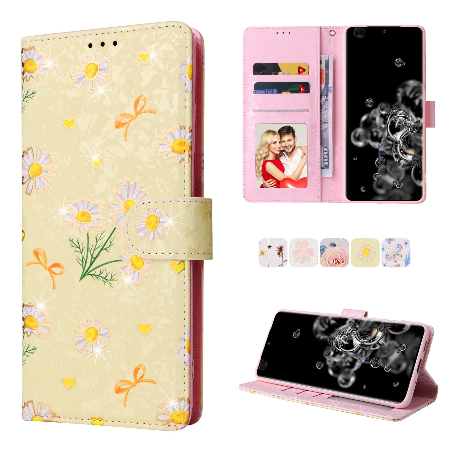 Samsung Galaxy S20 Ultra Luxury Bronzing Leather Case - Floral RFID Wallet Cover with Stand & Card Slots