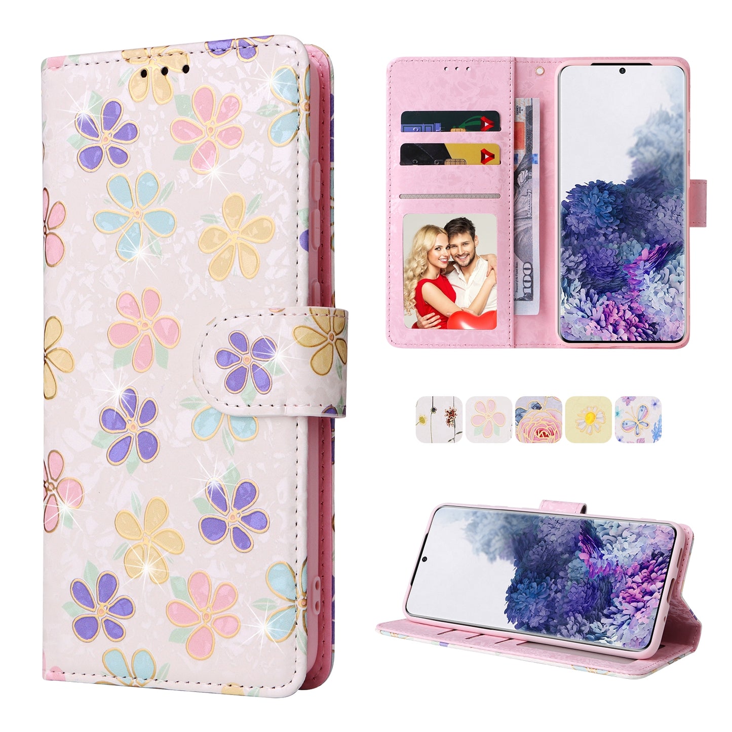 Samsung Galaxy S20 Plus Luxury Bronzing Leather Case - Floral RFID Wallet Cover with Stand & Card Slots