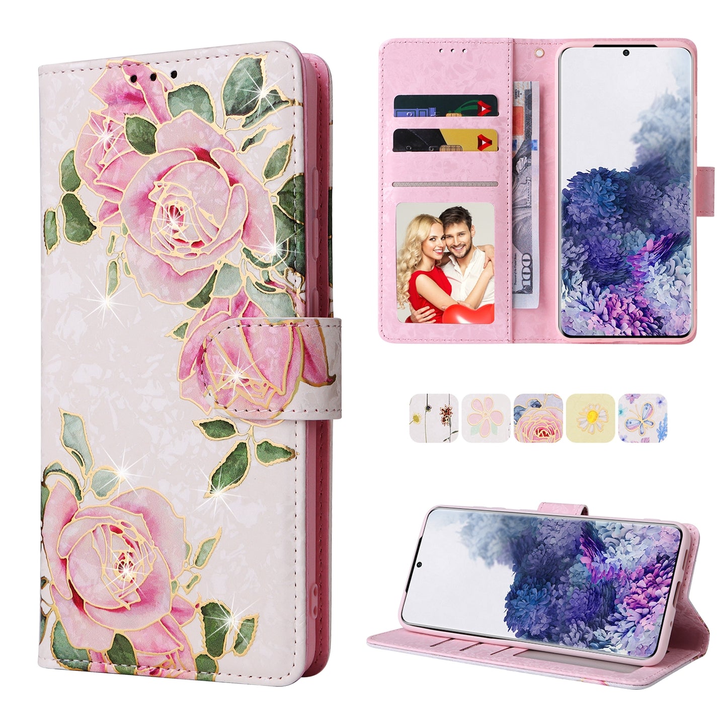 Samsung Galaxy S20 Plus Luxury Bronzing Leather Case - Floral RFID Wallet Cover with Stand & Card Slots