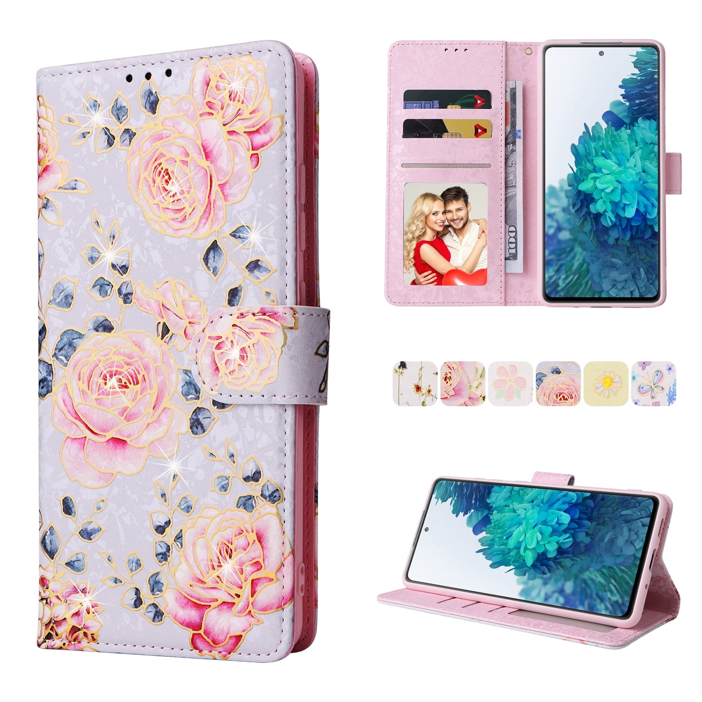 Samsung Galaxy S20 FE Luxury Bronzing Leather Case - Floral RFID Wallet Cover with Stand & Card Slots