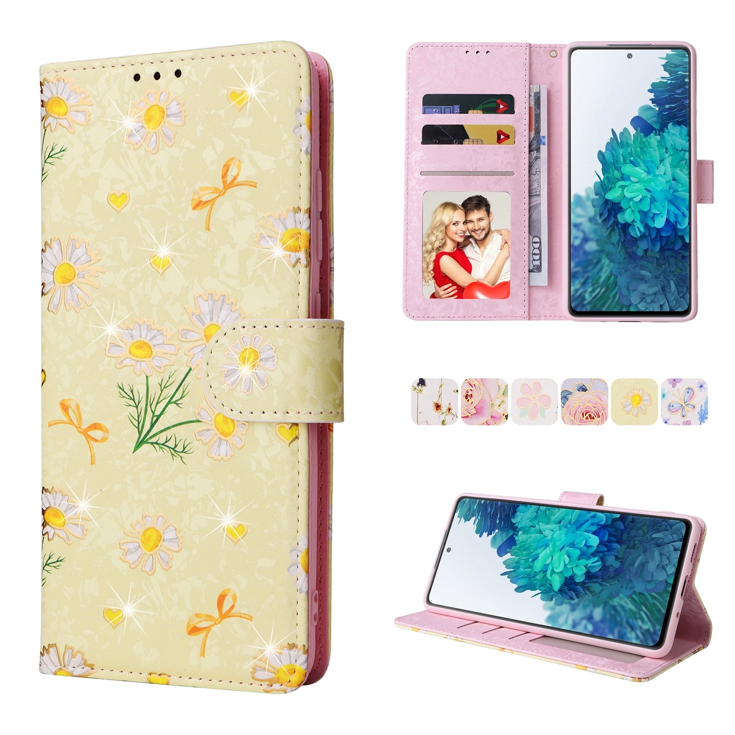 Samsung Galaxy S20 FE Luxury Bronzing Leather Case - Floral RFID Wallet Cover with Stand & Card Slots