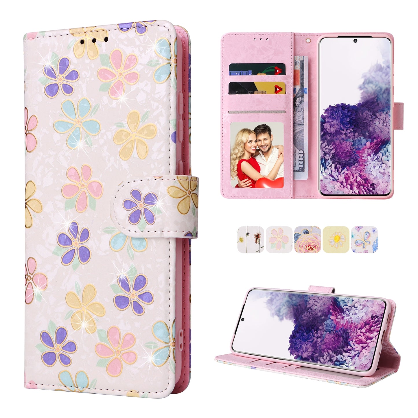 Samsung Galaxy S20 Luxury Bronzing Leather Case - Floral RFID Wallet Cover with Stand & Card Slots