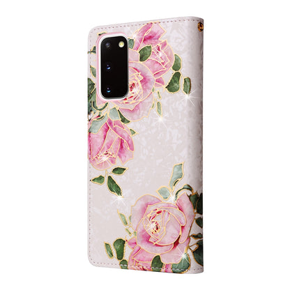 Samsung Galaxy S20 Luxury Bronzing Leather Case - Floral RFID Wallet Cover with Stand & Card Slots