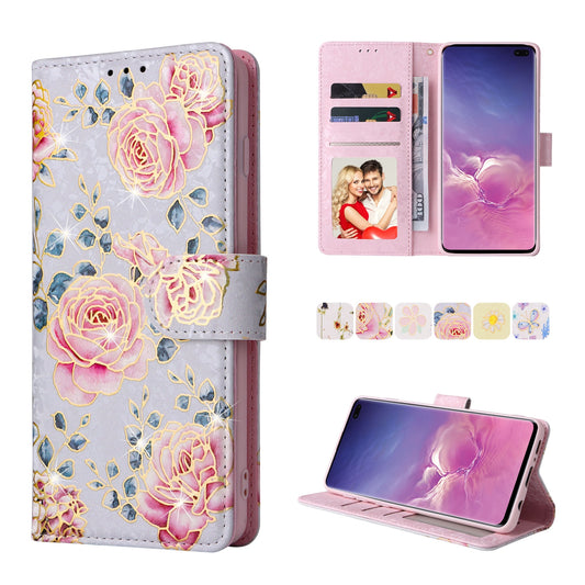 Samsung Galaxy S10 Plus Luxury Bronzing Leather Case - Floral RFID Wallet Cover with Stand & Card Slots