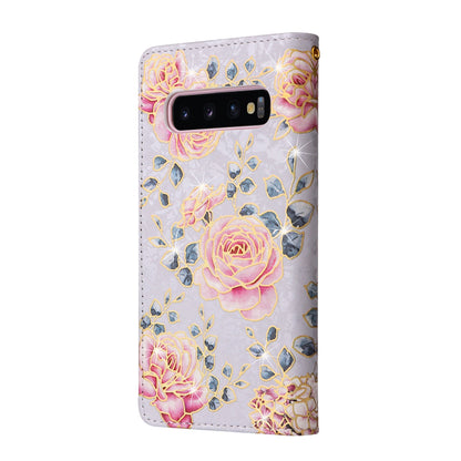 Samsung Galaxy S10 Plus Luxury Bronzing Leather Case - Floral RFID Wallet Cover with Stand & Card Slots