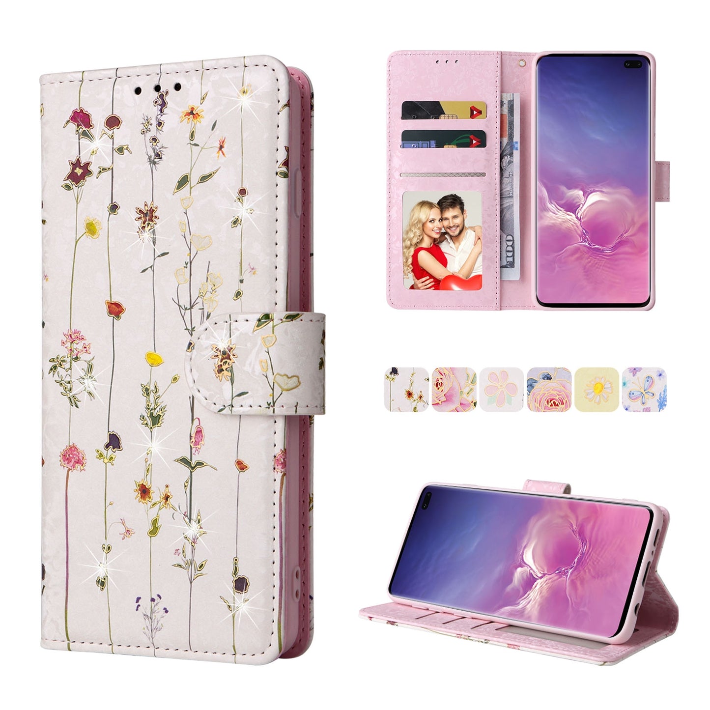 Samsung Galaxy S10 Plus Luxury Bronzing Leather Case - Floral RFID Wallet Cover with Stand & Card Slots