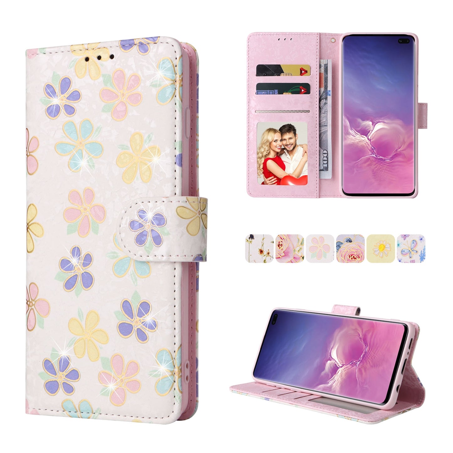 Samsung Galaxy S10 Plus Luxury Bronzing Leather Case - Floral RFID Wallet Cover with Stand & Card Slots