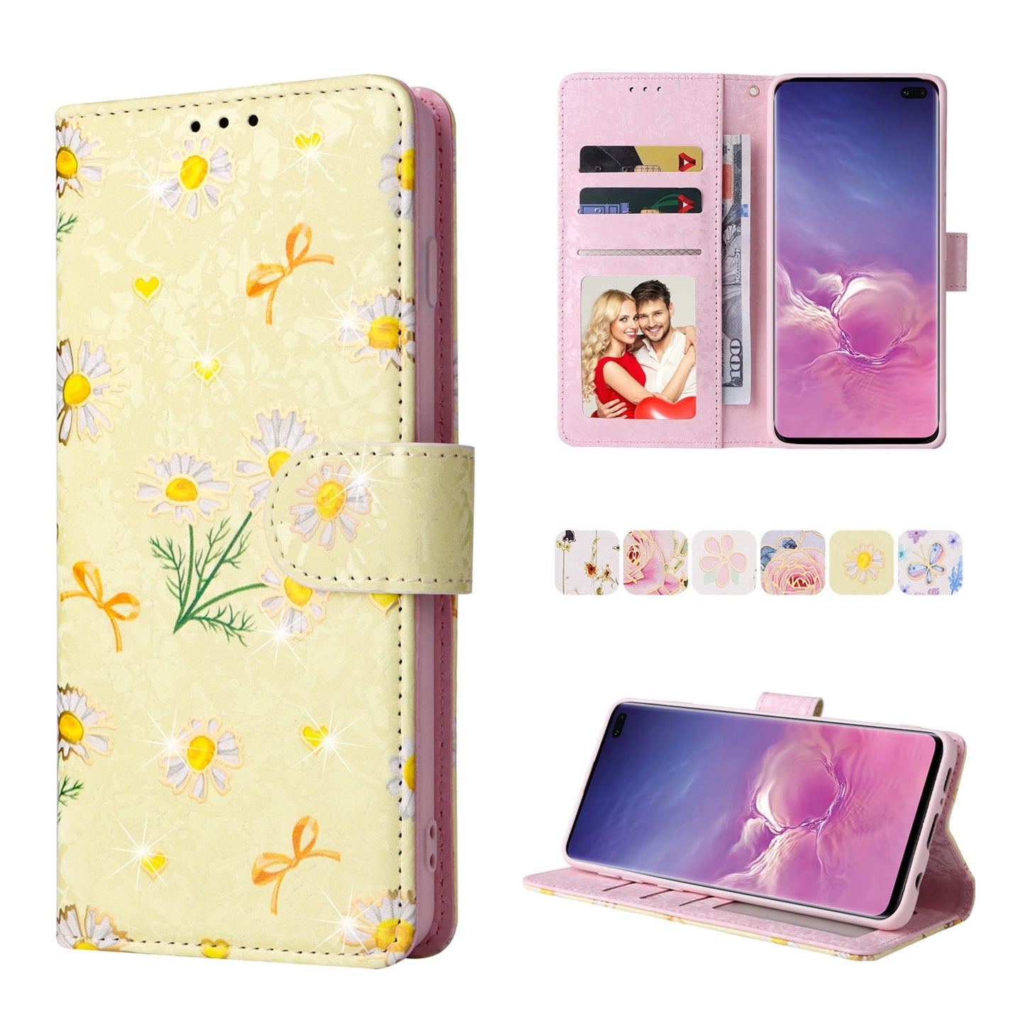 Samsung Galaxy S10 Plus Luxury Bronzing Leather Case - Floral RFID Wallet Cover with Stand & Card Slots