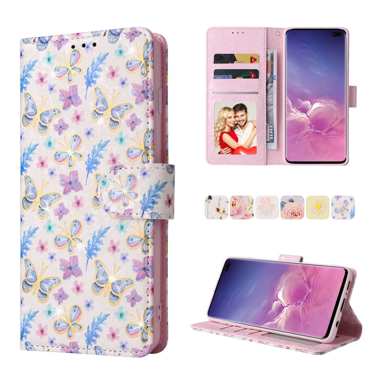 Samsung Galaxy S10 Plus Luxury Bronzing Leather Case - Floral RFID Wallet Cover with Stand & Card Slots