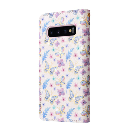 Samsung Galaxy S10 Plus Luxury Bronzing Leather Case - Floral RFID Wallet Cover with Stand & Card Slots