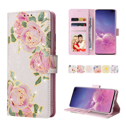 Samsung Galaxy S10 Plus Luxury Bronzing Leather Case - Floral RFID Wallet Cover with Stand & Card Slots