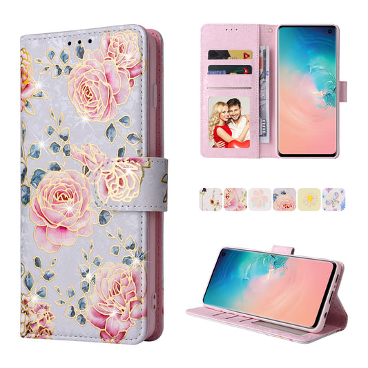 Samsung Galaxy S10 Luxury Bronzing Leather Case - Floral RFID Wallet Cover with Stand & Card Slots