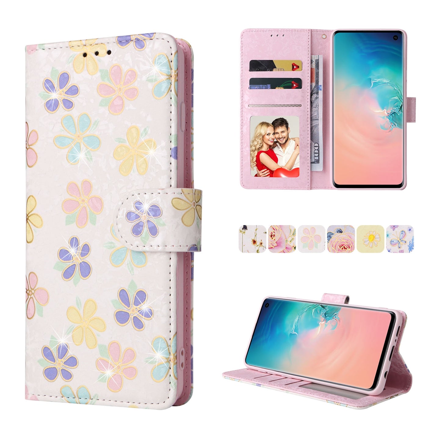 Samsung Galaxy S10 Luxury Bronzing Leather Case - Floral RFID Wallet Cover with Stand & Card Slots