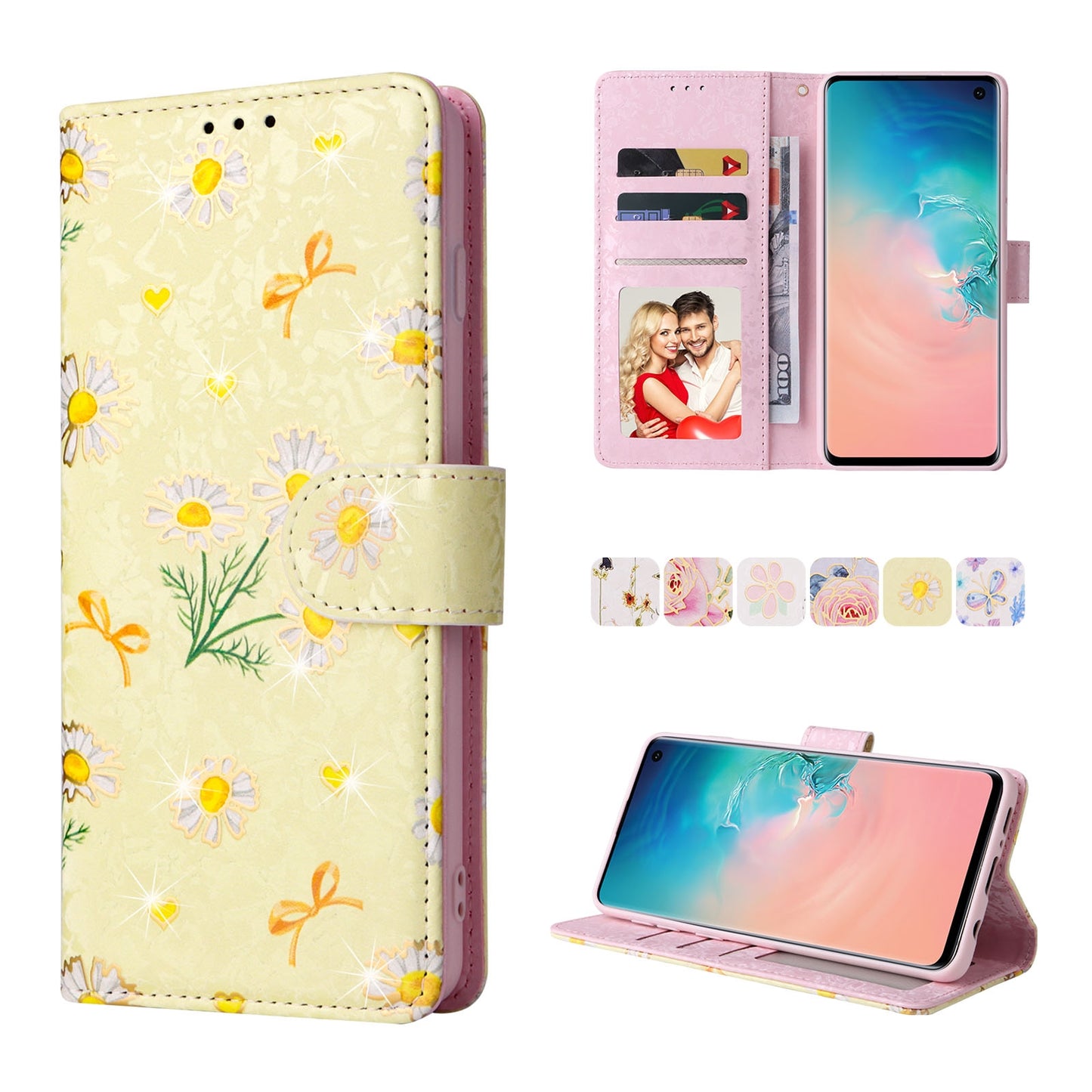 Samsung Galaxy S10 Luxury Bronzing Leather Case - Floral RFID Wallet Cover with Stand & Card Slots