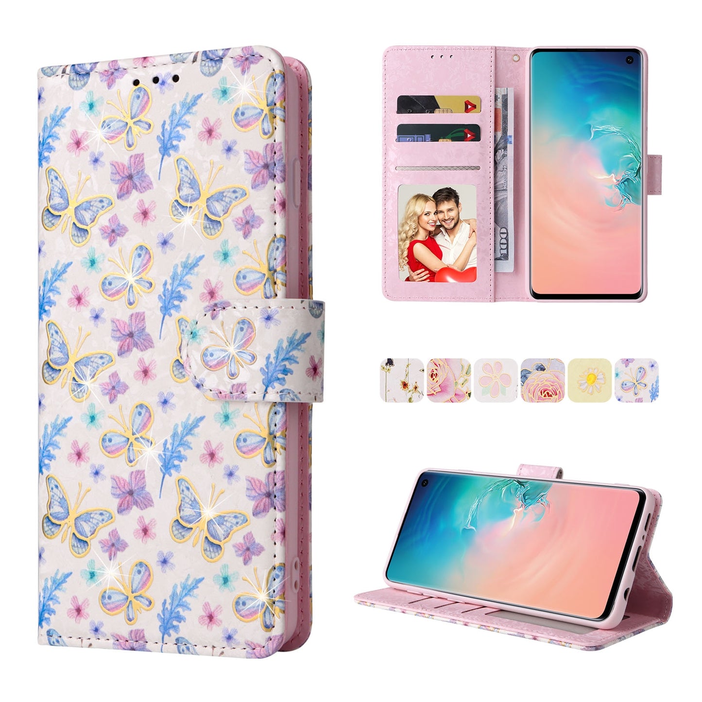 Samsung Galaxy S10 Luxury Bronzing Leather Case - Floral RFID Wallet Cover with Stand & Card Slots
