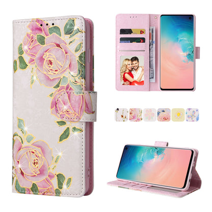 Samsung Galaxy S10 Luxury Bronzing Leather Case - Floral RFID Wallet Cover with Stand & Card Slots